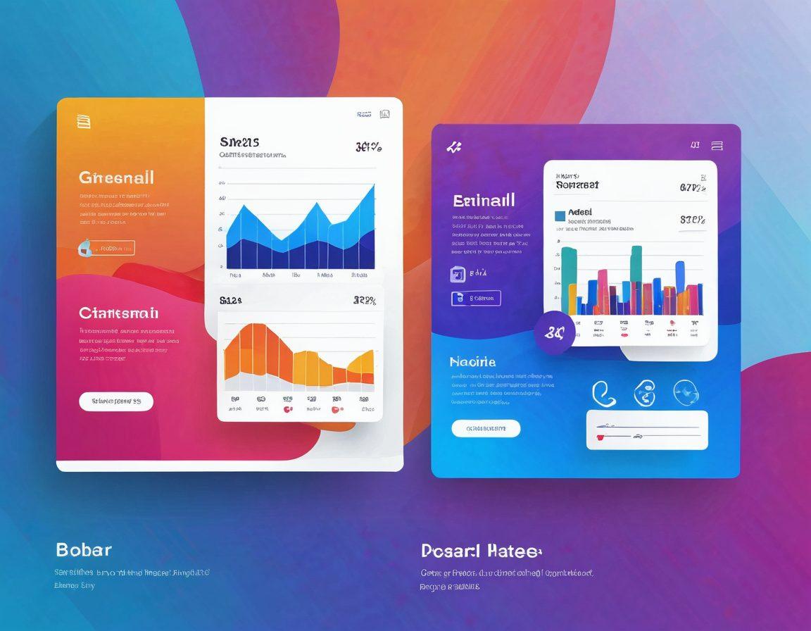A dynamic split-screen illustration showing two distinct email campaign designs side by side, creatively highlighting the concept of A/B testing. One side should feature vibrant, engaging visuals with metrics such as open rates and click-through rates, while the other side contrasts with more subdued colors and statistics. Include elements like graphs, email icons, and segmentation charts to visually represent data-driven insights. The background should be an abstract blend of tech and creativity. super-realistic. vibrant colors.
