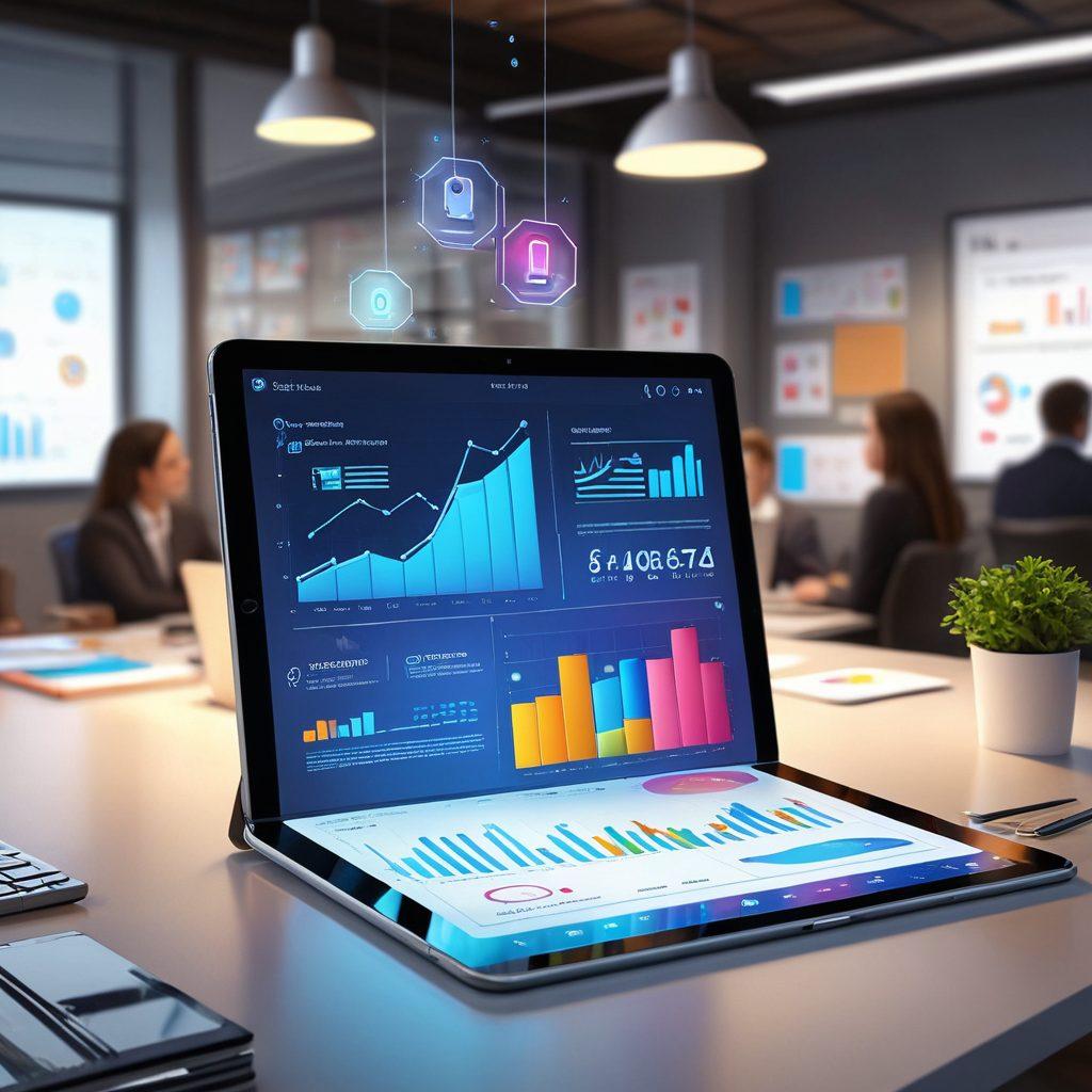 A vibrant illustration of a digital tablet displaying an open email, with dynamic graphs and charts emerging from the screen, symbolizing data-driven marketing strategies. Surrounding the tablet, diverse people interacting with various devices, showcasing engagement, and conversion. The background should depict a modern office environment with lightbulbs representing ideas and innovation. super-realistic. vibrant colors. modern aesthetic.