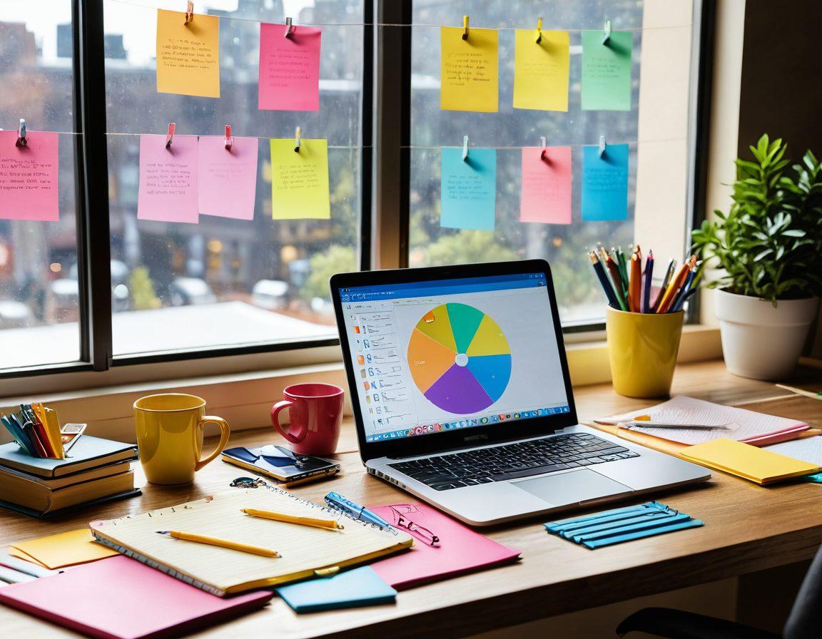 A creative workspace filled with colorful stationery, a laptop open to an email marketing dashboard, and a notepad filled with personalized content ideas. Bright light filters through a window, illuminating a cup of coffee and notes on conversion strategies. Elements of digital marketing graphics can be scattered subtly in the background, evoking a sense of innovation and personalization. vibrant colors. super-realistic.